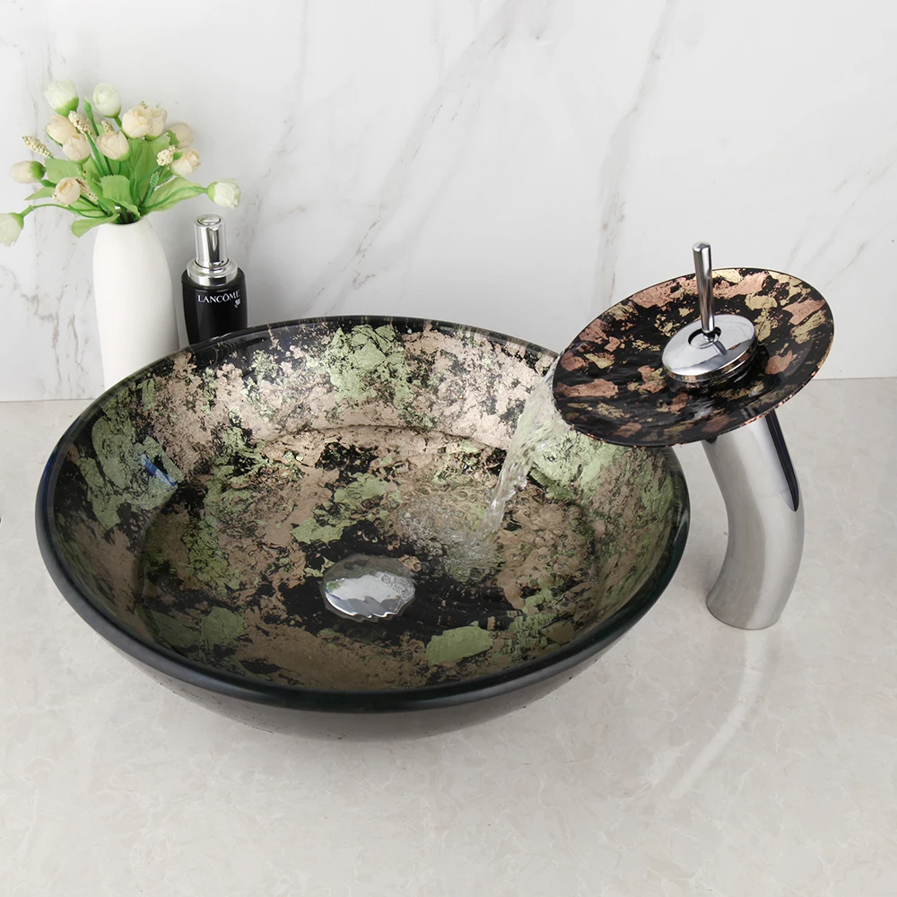 

YANKSMART Round Tempred Glass Basin Sink Bathroom Faucet Set Washbasin Vessel Vanity Counter Top Mixer Water Faucet Pop-up