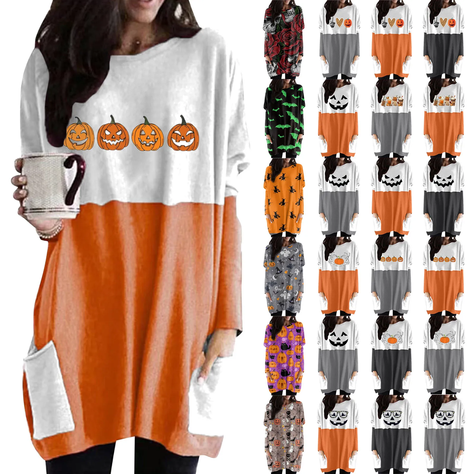 

Женская бейсбольная рубашка с длинным рукавом, женское платье-футболка на Хэллоуин с карманами, повседневный цветной свитер, куртка, Женски...