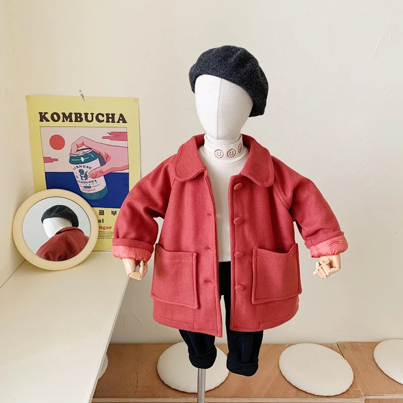 

Girls Woolen Coat Jacket Cotton Outwear Overcoat 2022 Red Warm Thicken Plus Velvet Winter Autumn High Quality Children's Clothin