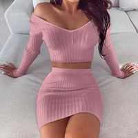 ladies casual pullover sexy v neck long sleeved knit top short skirt suit 2022 autumn and winter female street womens clothing
