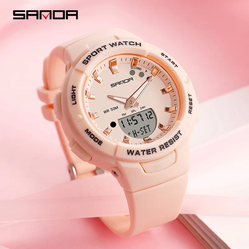 Enlarge SANDA 2022 New Fashion Trend Womens Electronic Watch LED Luminous Display Waterproof Wear Resistant Watch For Women Reloj Mujer