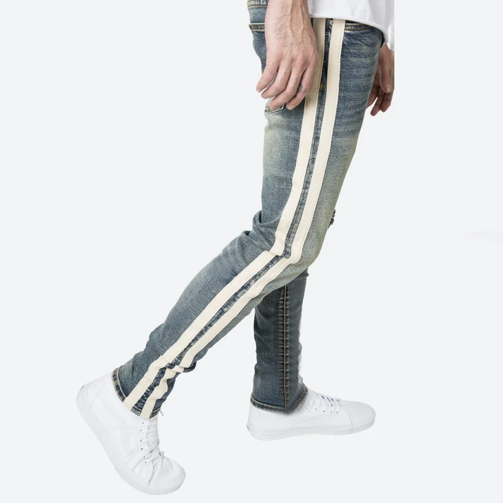 Double Strie Jeans Men Trend Hole Straight High Street Denim Trousers Slim Fit New Light Blue Bleached Out  Harajuku Streetwear