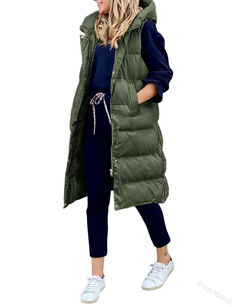 Winter Coats Women Loose Casual Fashion Single-breasted Warm Vest Long Hooded Sleeveless Jackets Solid Cotton Padded Waistcoat