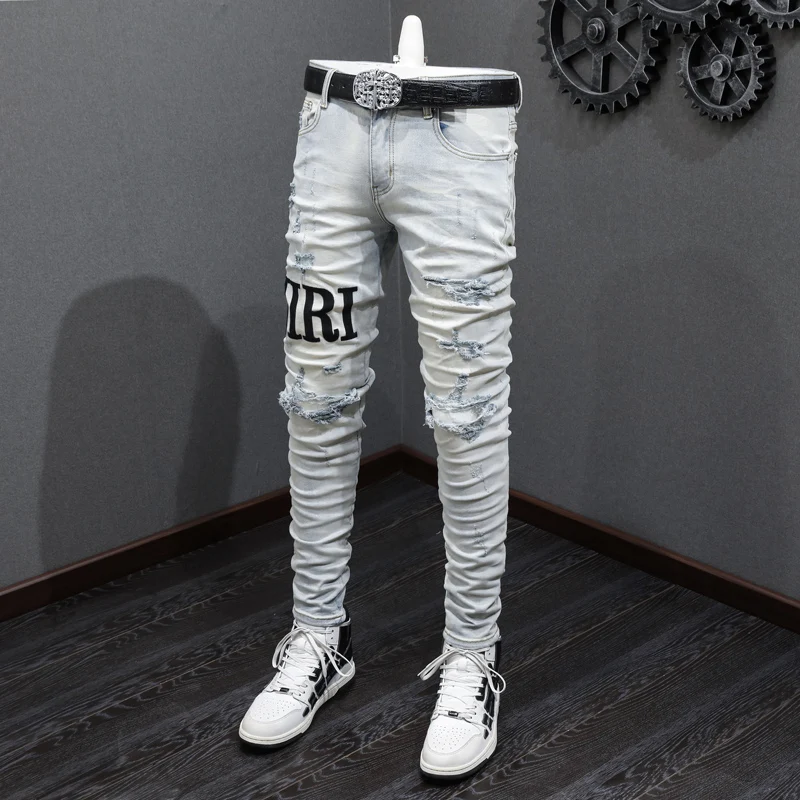 Street Fashion Men Jeans Retro Light Blue Elastic Stretch Skinny Ripped Jeans Men Brand Patches Designer Hip Hop Pants Hombre