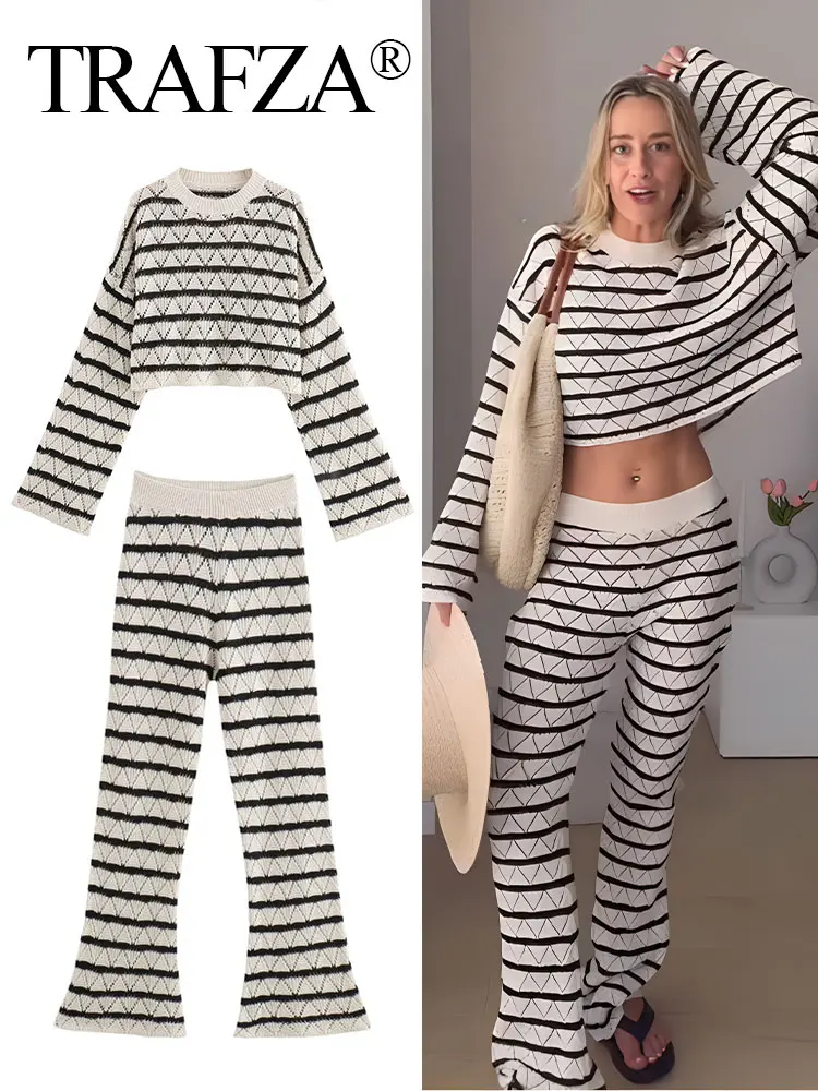 Женский трикотажный комплект офисных женских брюк в полоску TRAFZA с длинными