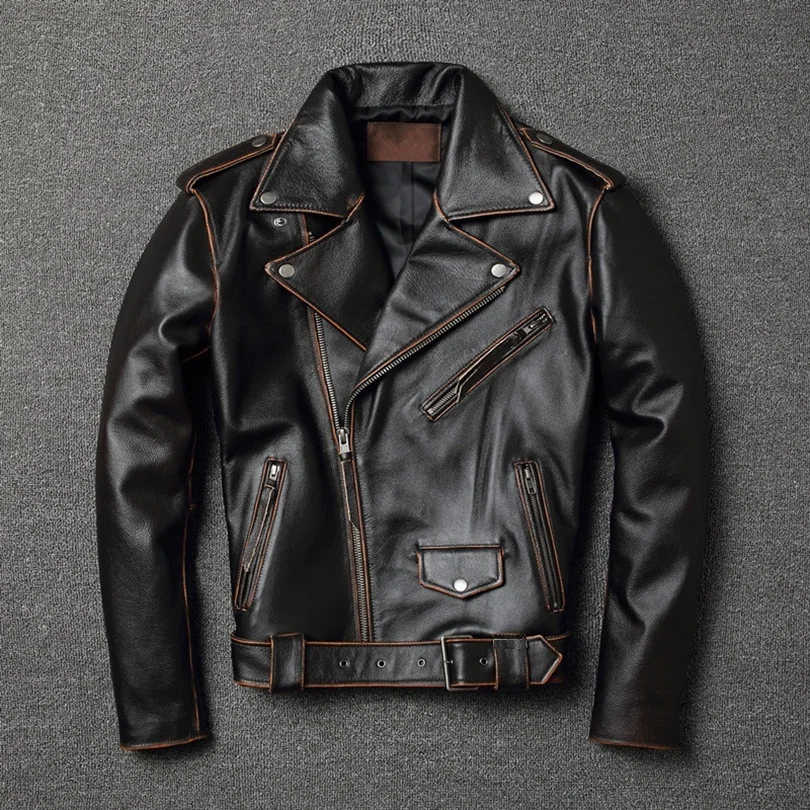 

YR!Free shipping.sales.classic motor biker genuine leather jacket.slim cowhide coat.fashion vintage leather clothing.plus size