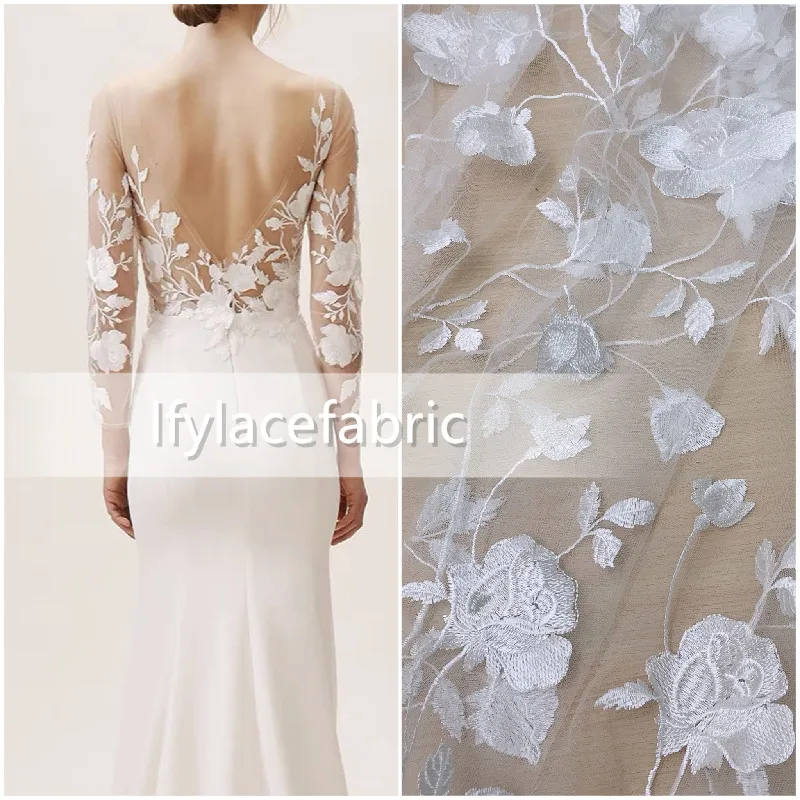 LFY-tela de encaje para vestido de novia, tejido blanco, Beige, rosa, transparente, con lentejuelas, a la moda, 1 yarda