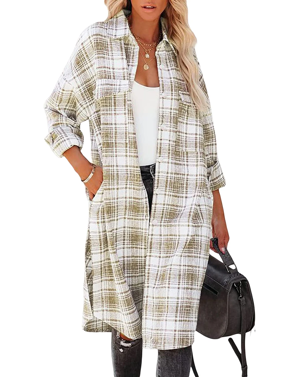 

Women Flannel Plaid Long Shirts Oversized Long Sleeve Button Down Cardigan Blouse Pocketed Boyfriend Shacket Jackets
