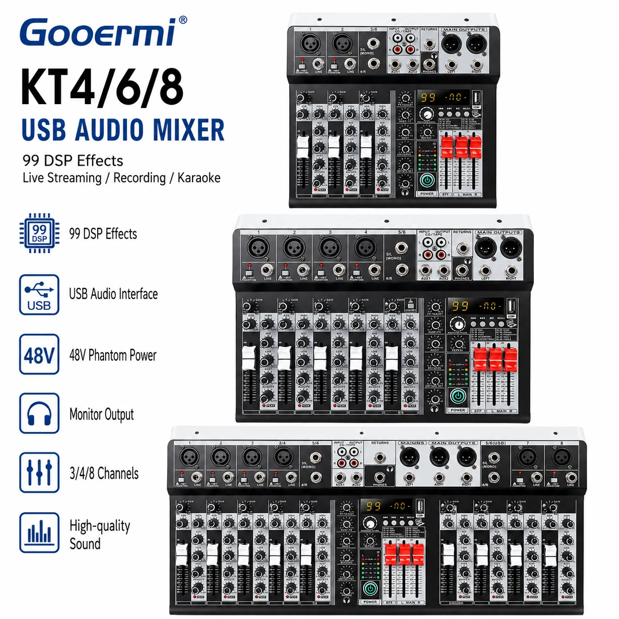 Фото Аудиомикшер GOOERMI KT4/6/8 USB с фантомным питанием 48В и 99 DSP-эффектами для прямых трансляций, записи и караоке №1