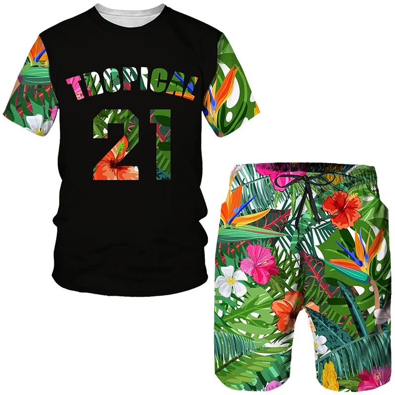 Hawaiian Men's T Shirt + Beach Shorts 2 Piece Set Funny 3D Print Tees Fashion Beach Vacation Harajuku Clothing Short Sleeve Tops