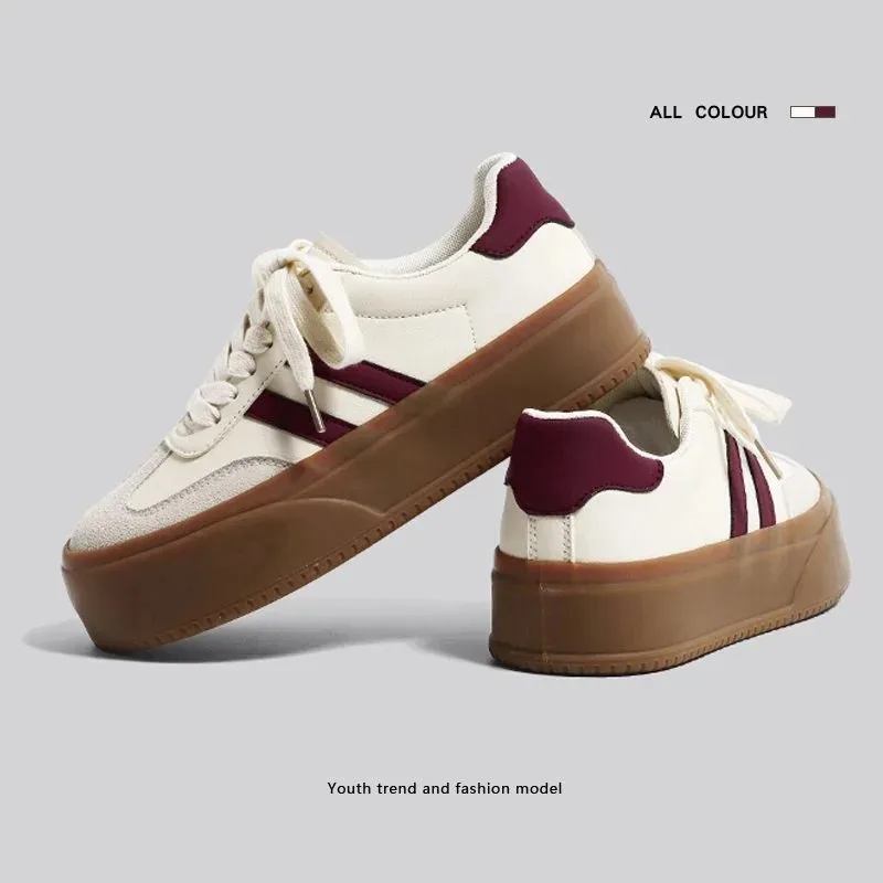 Кроссовки женские кожаные на шнуровке Вулканизированная подошва толстой