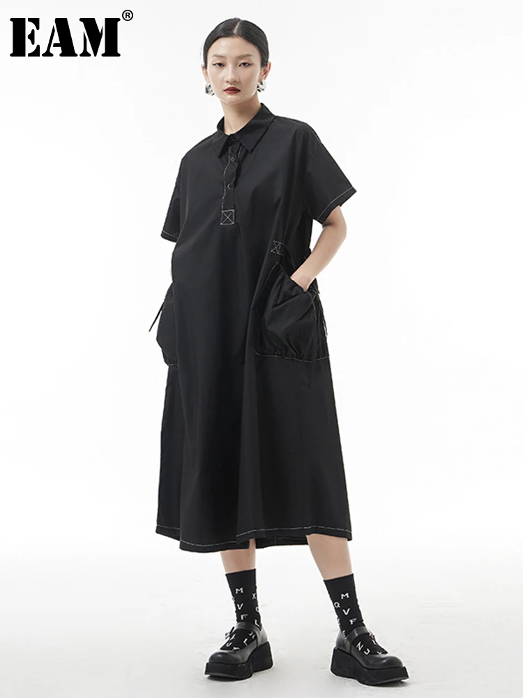 

[EAM] Women Black Pocket Topstitched Big Size Shirt Dress New Lapel Short Sleeve Loose Fit Fashion Spring Summer 2022 1DE8412