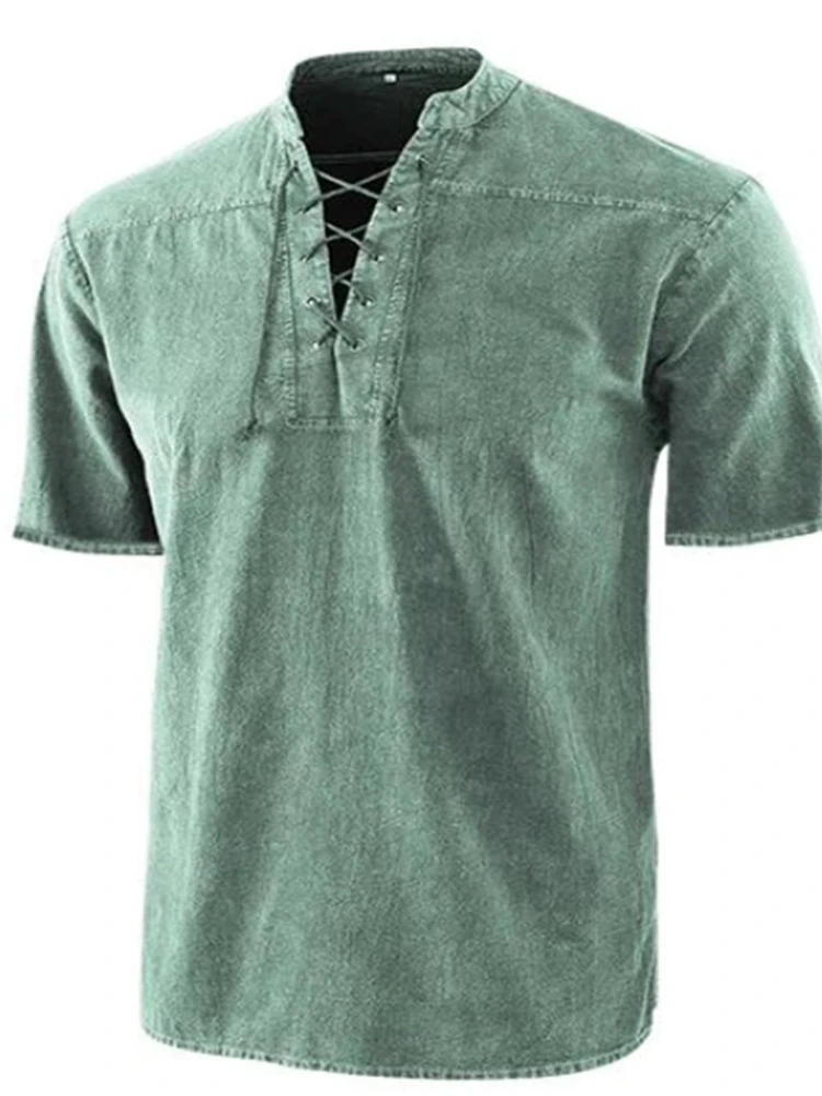 Summer 2022 Shirts Men's Loose Top Men's Casual Shirts Cotton Linen V-Neck Tie Short Sleeve Gothic Shirt Slim Fit  Shirt Men