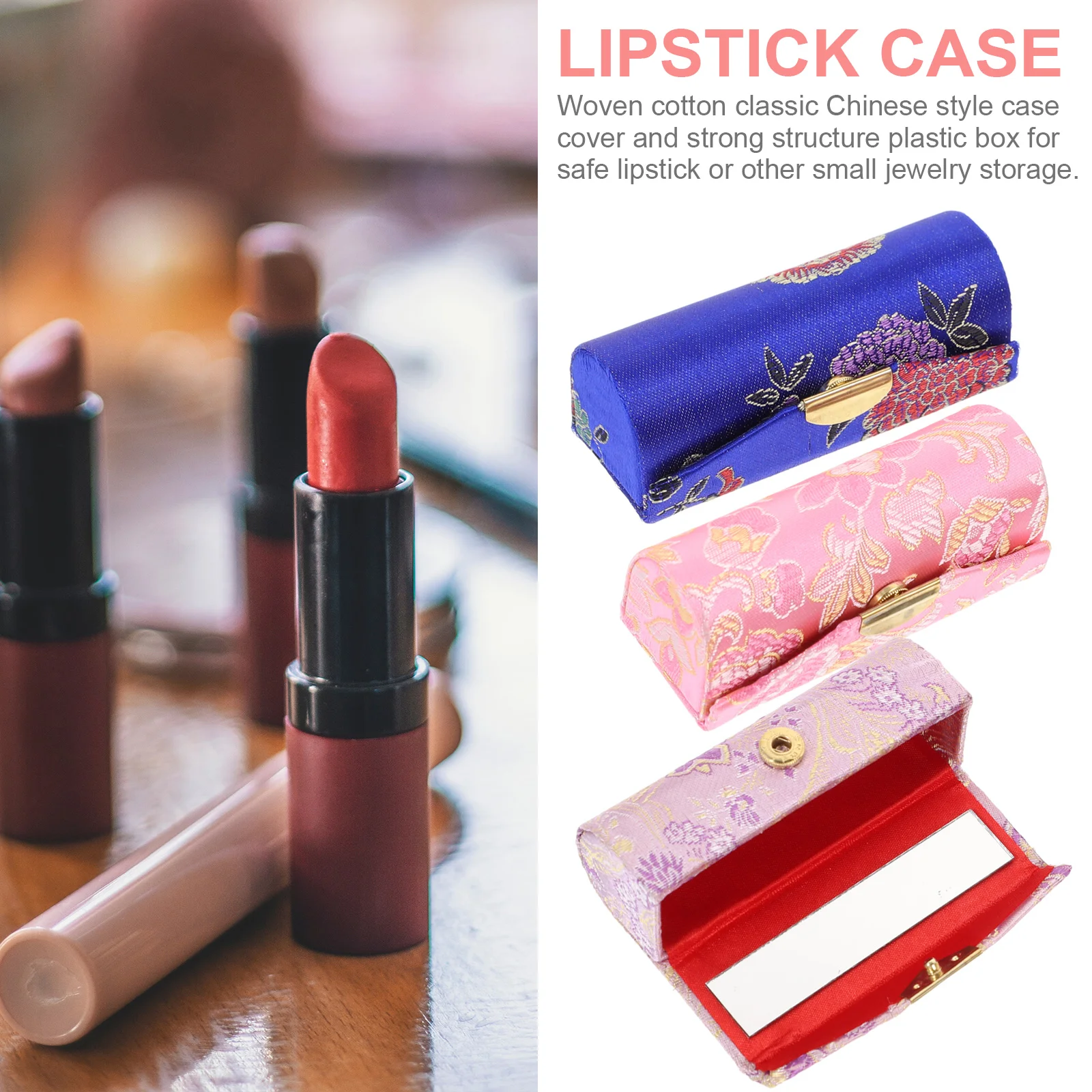 

3pcs Lipstick Case with Mirror Silky Case Satin Makeup Bag Storage Organizer Chinese Style for Wedding Cheongsam Accessories (