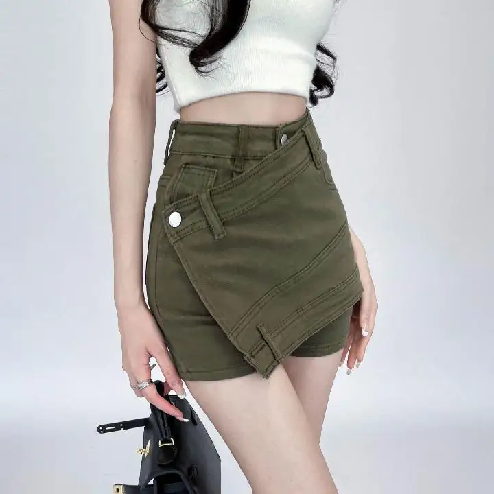 Women's Summer INS Spicy Girl A-line Pants Slim Fit High Waist Skirt Wide Leg Hot Pants High Quality Military Green Denim Shorts