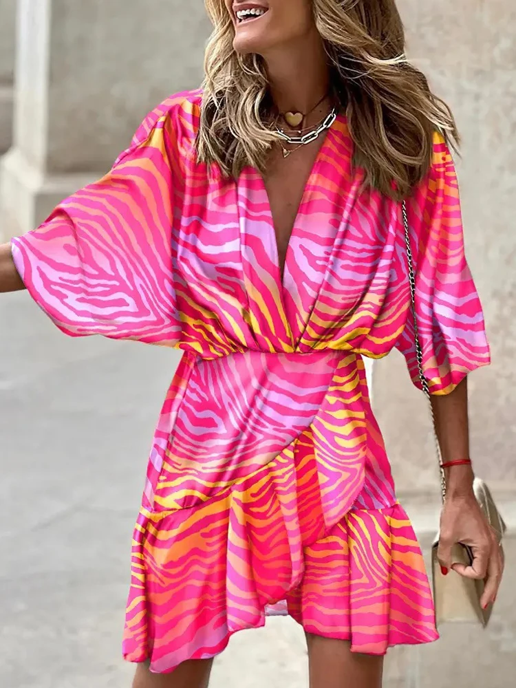 

Fashion Women Print A-Line Dress Irregular Design Ruffles Decor V-Neck Batwing Sleeve Mid Waist Autumn Slim Mini Dress