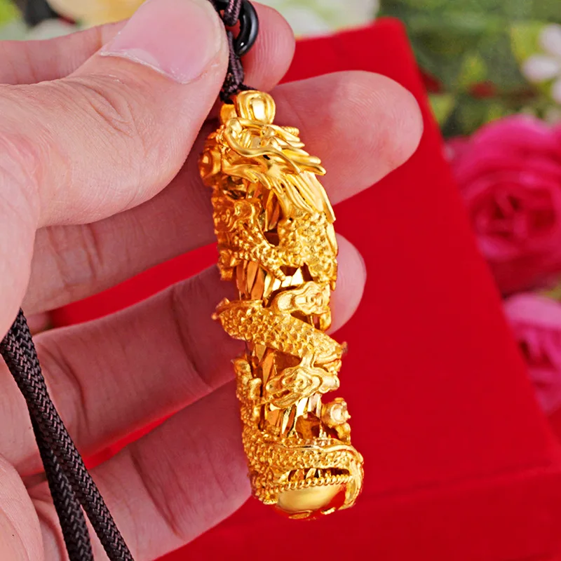 

Genuine 24K Yellow Gold Plated Dragon Column Pendant Necklaces for Men Women Fashion Thai Gold Dragon Pendant Jewelry Not Fade