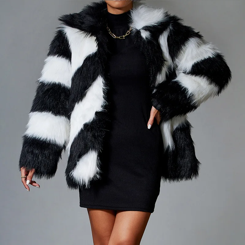 2022 Fox Fur Coat Faux Fur Women's Furry Stitching Double-sided Black and White Striped Long-sleeved Lapel Fur Coat Winter Women