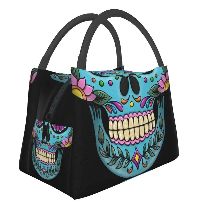 

Mexican Skull Print Insulated Lunch Bags for Women Catrina Sugar Skull Portable Thermal Cooler Bento Box Hospital Office