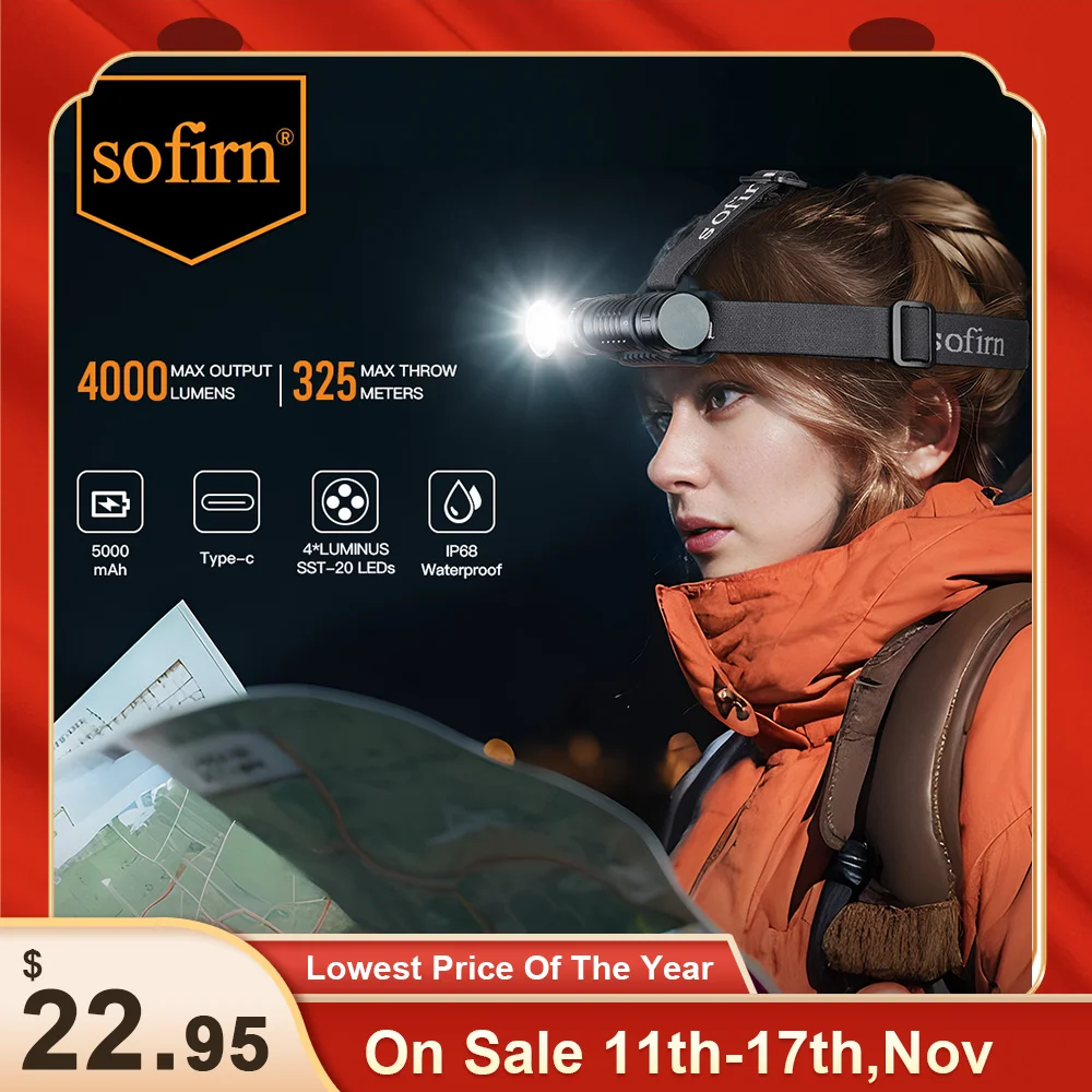 SOFIRN HS41 Headlamp 4000lm Spotlight Floodlight 21700 USB C Rechargeable Flashlight SST20 LED Powerful Torch with Magnet Tail