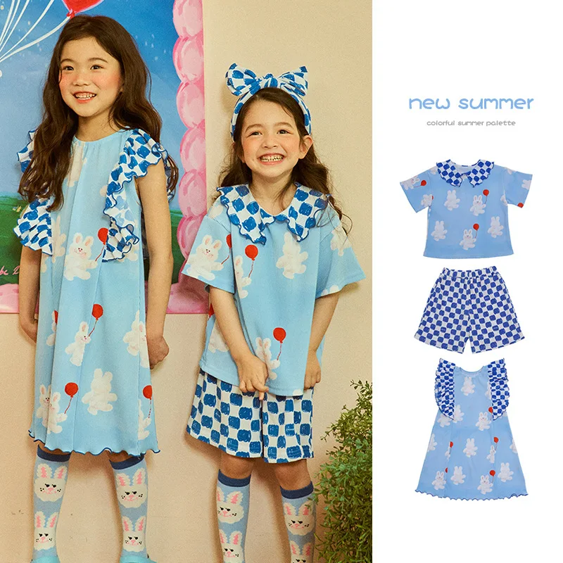 

2022 Summer New Children's Rabbit Print Short-sleeved Cute Suits Korean Version of BE Children's Clothing Girls and Boys Suits