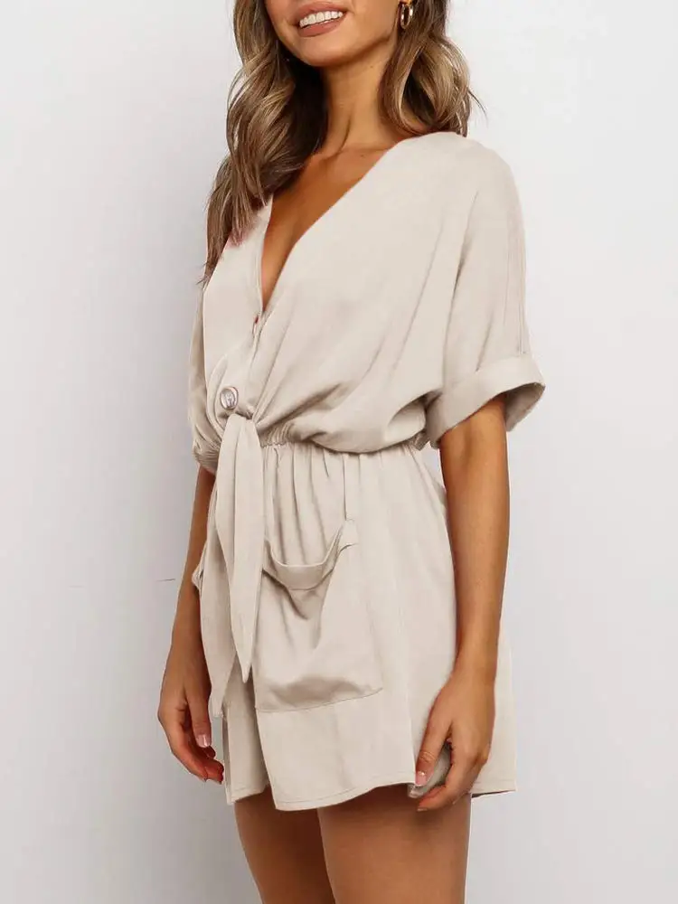 

HOT Womens V Neck Button Rompers Knot Tie Short Sleeve Sexy Loose Playsuit Jumpsuit with Pockets