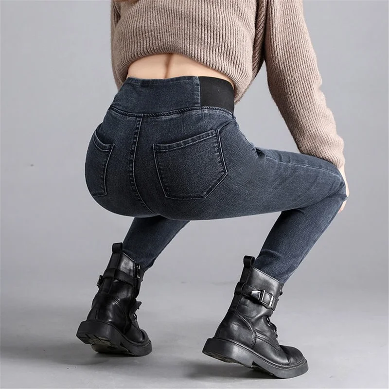 Women's Large Size Casual Denim Pencil Pants 2021 Stretch Vintage High Waist Skinny Jeans Elastic Waist Streetwear Trousers Pop