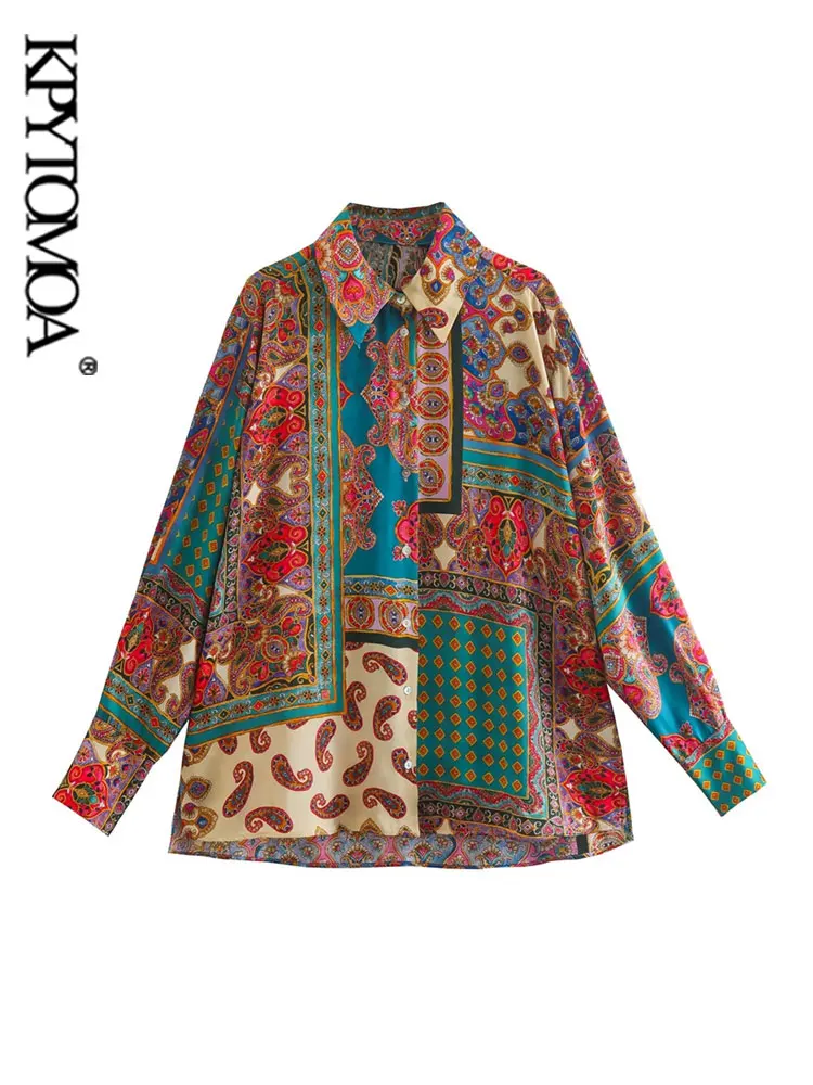 

KPYTOMOA Женская мода пэчворк Принт Свободные Атласные Рубашки винтажные с длинным рукавом на пуговицах женские блузки Блузы шикарные топы