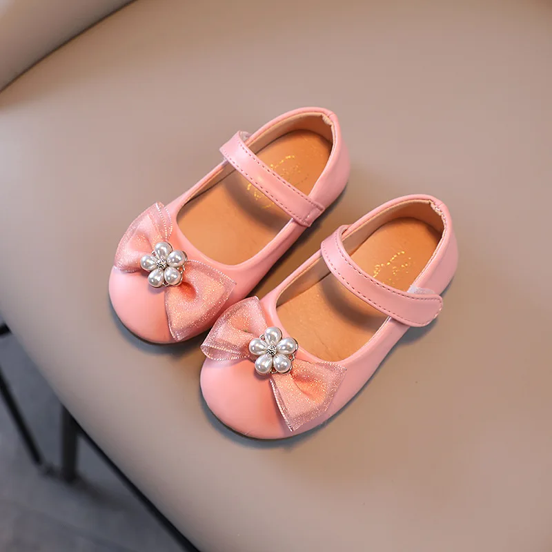 

Nice Girls Small Leather Shoes 2022 Spring New Fashion Children's Princess Dance Shoes Kid's Performance Pearl Shoes with Bow