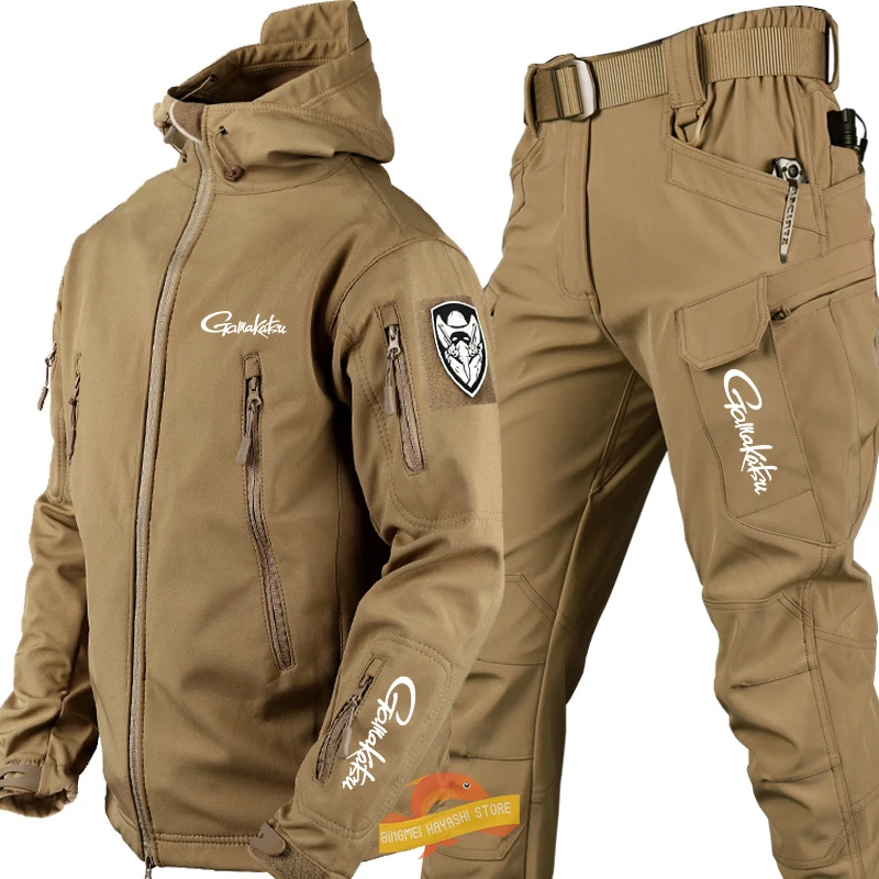 

New Men's Tactical Waterproof Soft Shell Fishing Suits Windproof Hooded Jacket Autumn Winter Outdoor Camping Climbing Warm Pants