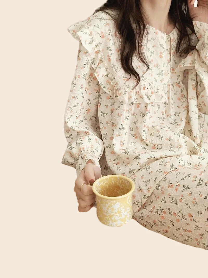 Cotton Pajamas Set Full Sleeve T-shirt Long Pants 2Piece/Set Sexy Print Flower Pyjama Big Size Mom Homewear Cozy Plus Sleepwear
