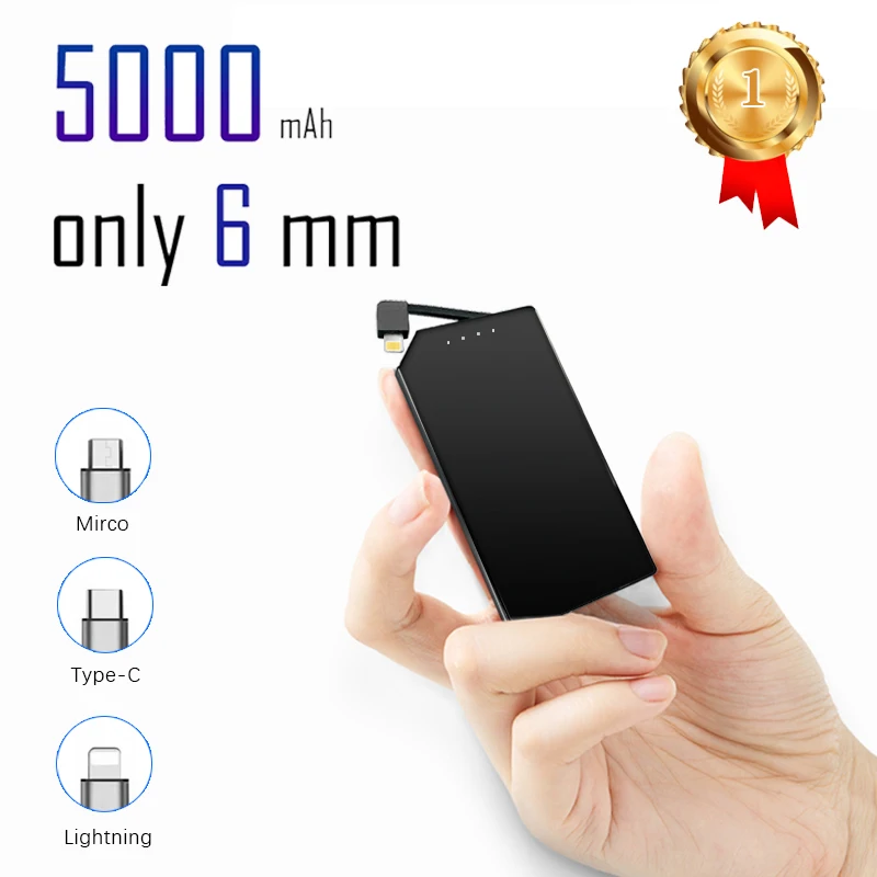 Ультратонкий портативный внешний аккумулятор 6 мм 5000 мАч быстрая зарядка