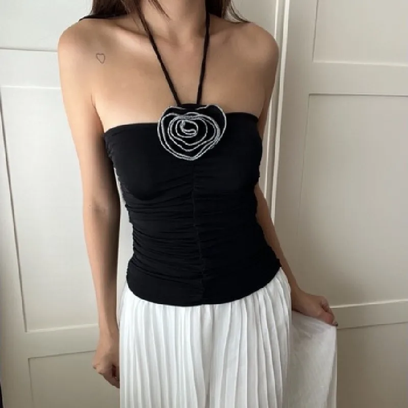 

Black Rose Flower Attached Halter Cami Top Mujer Sexy Sleeveless Slim Ruched Off Shoulder Tops for Women Y2k Streetwear Tanks