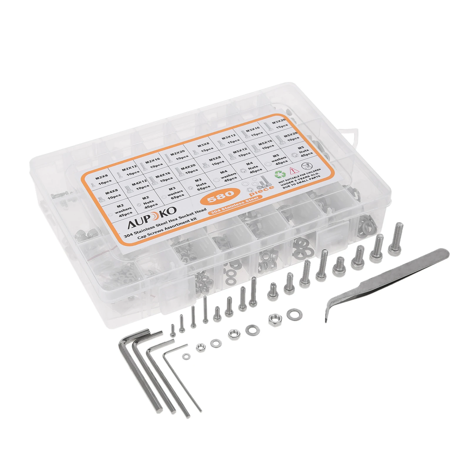 

580pcs 304 Stainless Steel M2 M3 M4 M5 Screw Assortment Nuts Washers Allen Keys Wrench Tweezers Craft Tool Parts + Storage Box