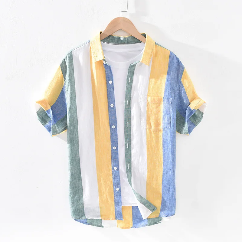 

Male Fashion 1709 Style High Quality Shirts Color Bright Linen Breasted Short Japan Single Casual Sleeve Pure Men Summer Striped