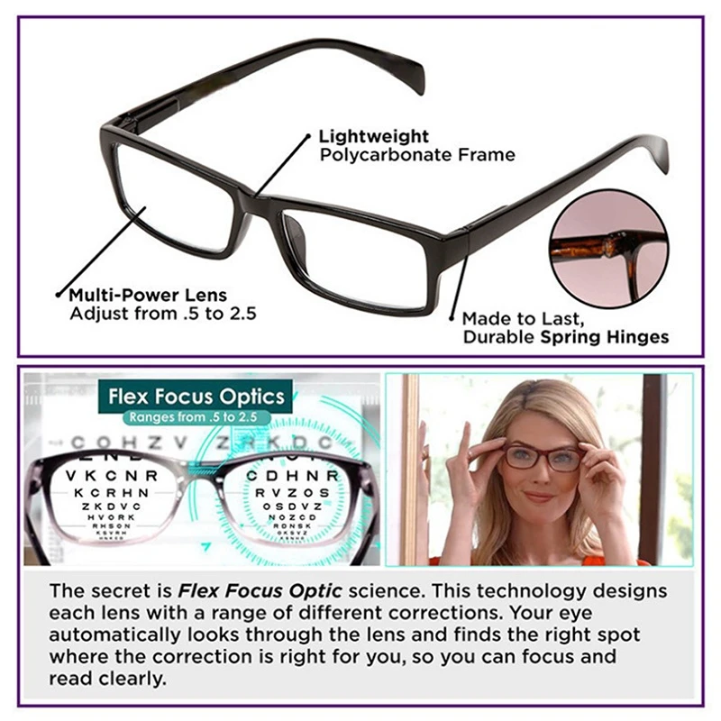 

ZUEE Newest Mulifocal One Power Readers High Quality Women Men Auto Adjusting Bifocal Reading Glasses +50 to +250