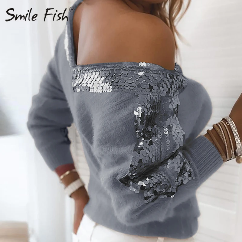 

Long Sleeve Sweater Autumn Tops Ladies Sexy Shoulder Pullovers Casual Winter Women Elegant Solid Color Sequin Sweaters G2037