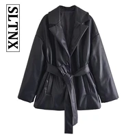 sltnx 2022 winter women jackets thicken pu leather casual oversized parkas with belt coat long sleeve black female coats clothes