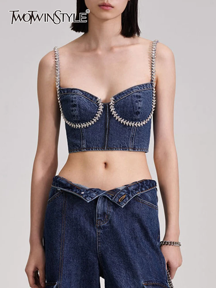 

TWOTWINSTYLE Patchwork Diamond Tank Top For Women Square Collar Sleeveless Tunic Slimming Sexy Solid Vest Female Fashion Clothes