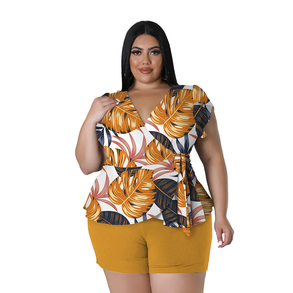 Plus Size Summer Big Size Ladies Casual Printing Two-piece Set Bohemia Style Short Sleeves t Shirt and Shorts 3xl 4xl 5xl 6xl