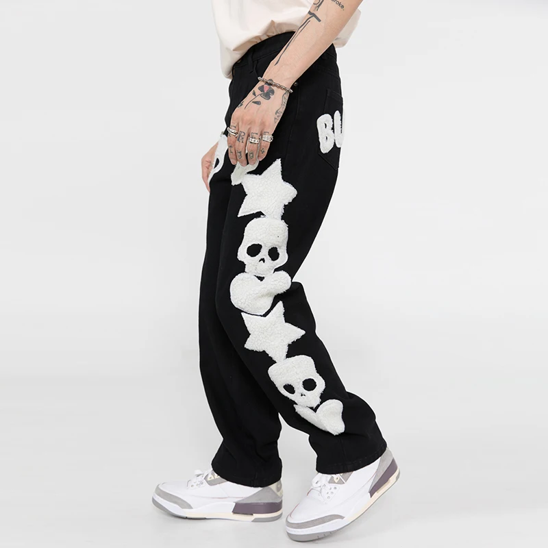 Skull and Stars Towel Embroidery Y2k Ripped Jeans Blue Mens Harajuku Vibe Style Streetwear Oversized Casual Denim Pants Trousers
