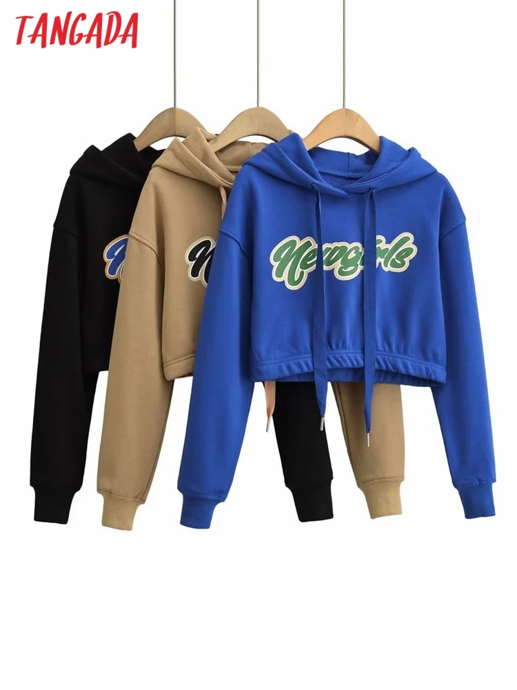 

Tangada Women Fashion Print Hood Sweatshirts Long Sleeve Loose Crop Pullovers 4P50