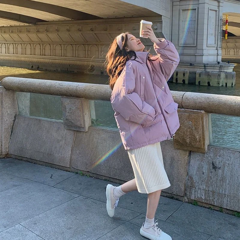 Women's Solid Color Loose Hooded Casual Parka Coat Winter Down Jacket Drawstring Tightening Student Short Harajuku Jacket Coat