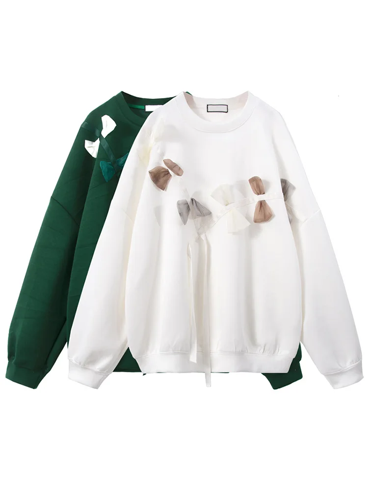 

Women Fashion Bow Sweatshirts Oversize Long Sleeve O Neck Loose Pullovers Harajuku 2022 Streetwear Female Tops
