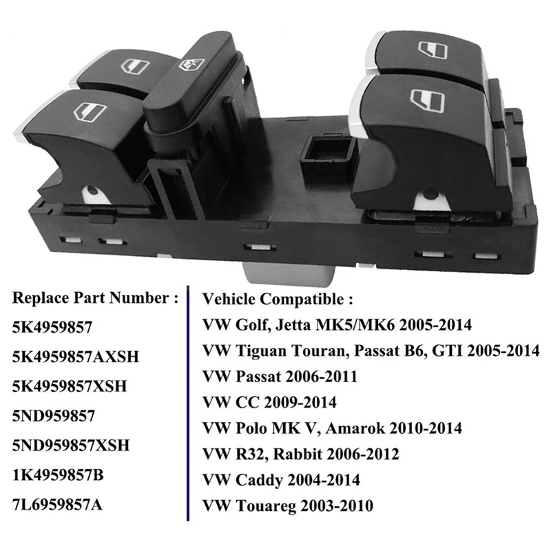Car Master Power Window Switch For CC Golf Jetta Passat Tiguan 2005-2013 5ND959857 5K4959857 5ND959855