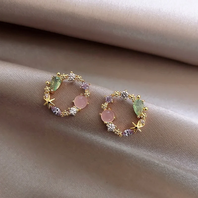 2022 New Arrival Classic Round Pink Green Crystal Stud Earrings Sweet Flower Cirlce Jewelry Fashion Brincos Gift  for Women images - 6