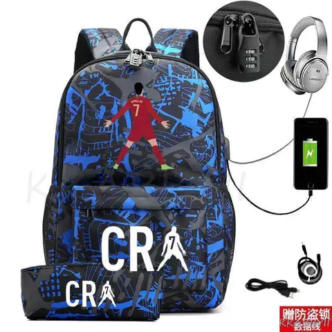 Рюкзак CR7 для женщин и мужчин, дорожная сумка для ноутбука 18 дюймов с USB-зарядкой, школьные портфели, черные вместительные школьные ранцы для подростков, 2 шт.