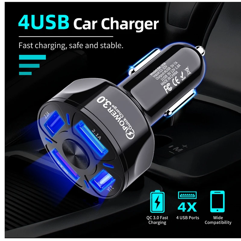 Автомобильное зарядное устройство для телефона с 4 USB-портами быстрая зарядка 3 0