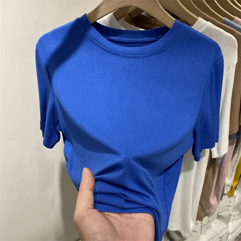 

Solid White Blue Korean Pit Stripe Short-sleeve T-shirt Womens Tops 2022 Spring Summer Tees New Slim Bottoming Shirt Lady Top