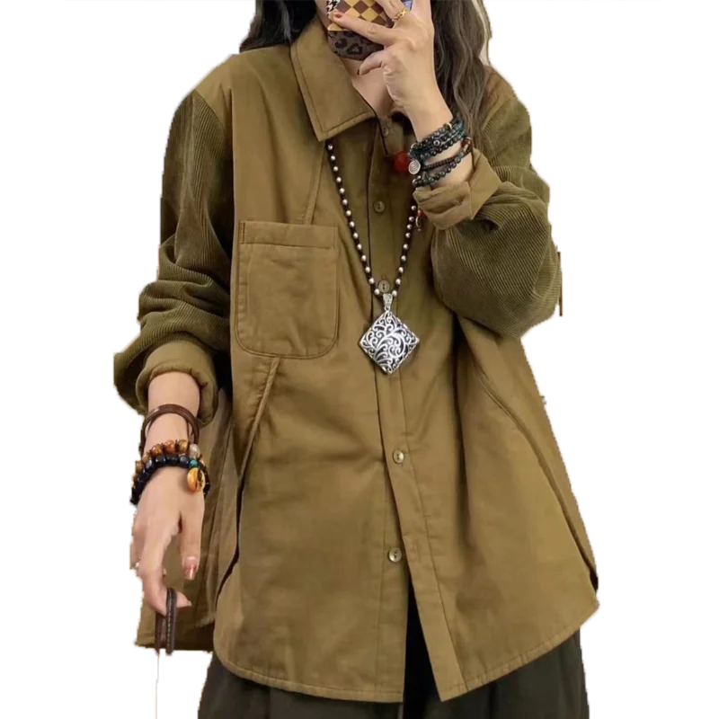 2024 Autumn and Winter Loose Plus size women clothing Slimming Chubby Girl Quilted Shirts Casual Retro Long sleeve Shirt Oute...